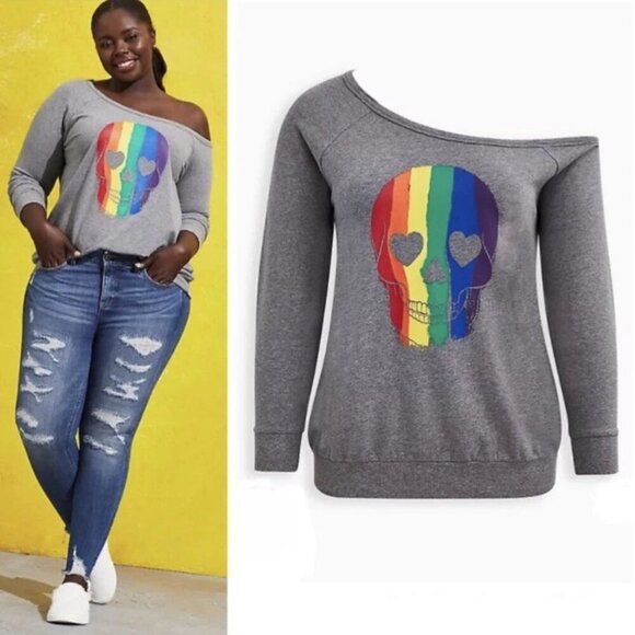 Torrid Celebrate Love Off-Shoulder Sweatshirt - Rainbow Skull Grey - Picture 9 of 9